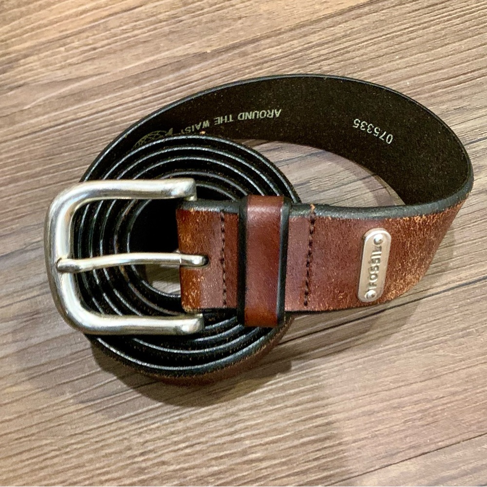 Fossil Brown Leather Belt with Silver Buckle size 44